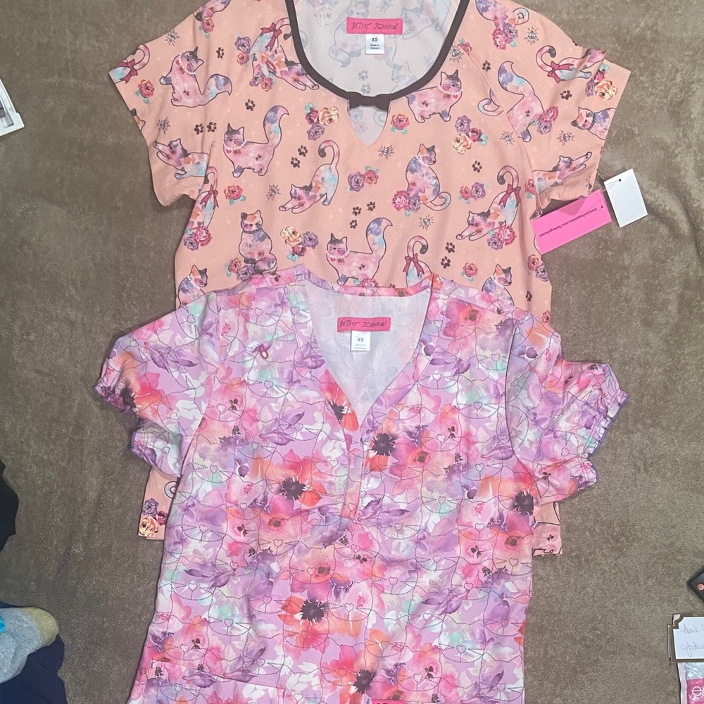 Betsey Johnson Pink and Purple Patterned Scrub tops Xs